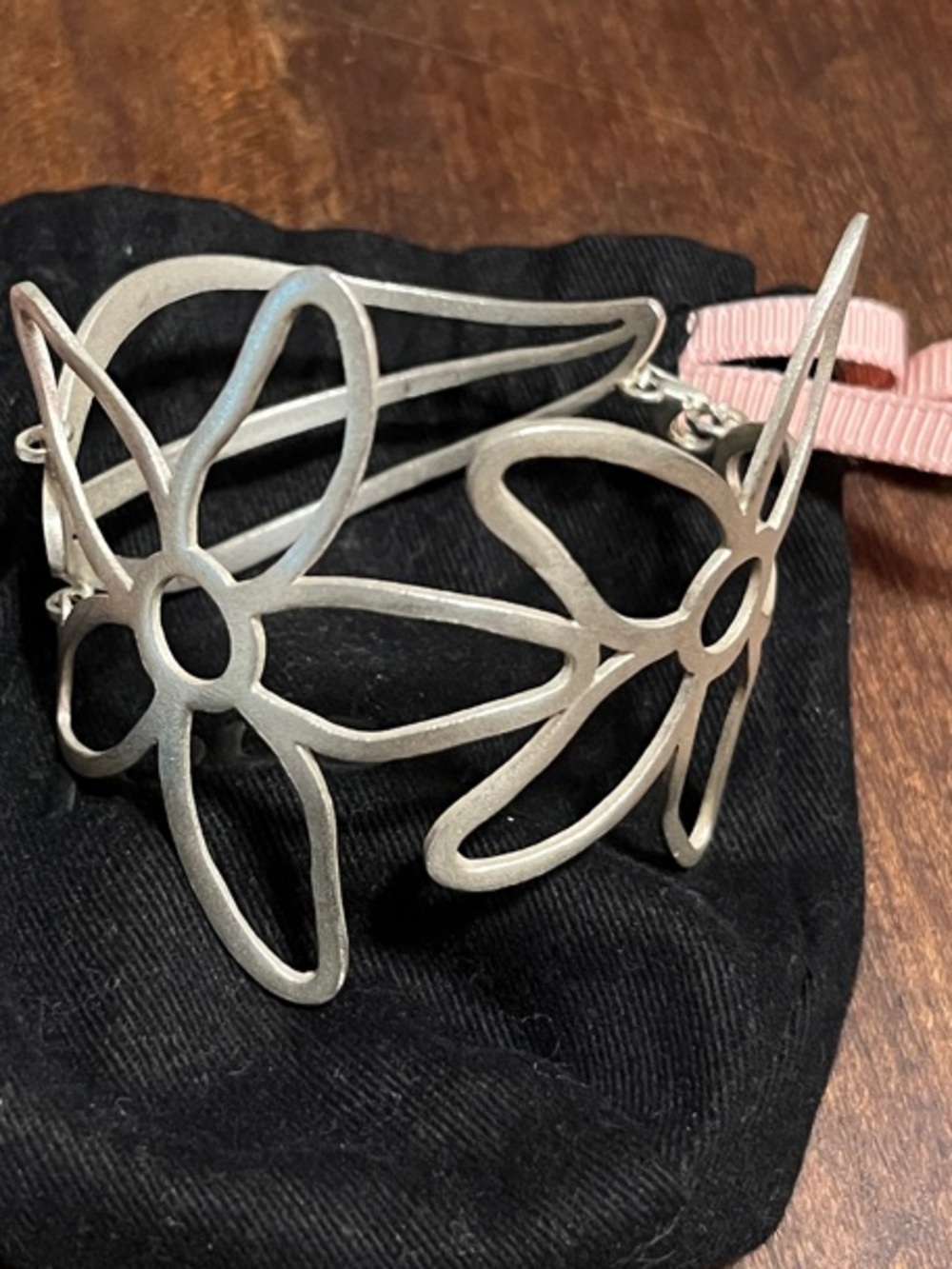Tous Silver Floral Cutout Cuff Bracelet with Pink Accent